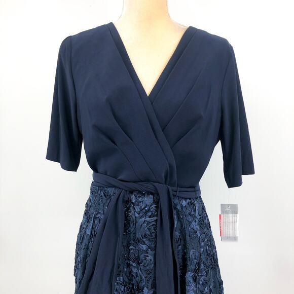 ALEX EVENINGS Tea-Length Soutache Dress 12 PETITE Navy Blue Tie Belt NWT - Picture 4 of 10